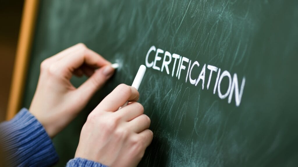 Hands writing certification on chalkboard with chalk